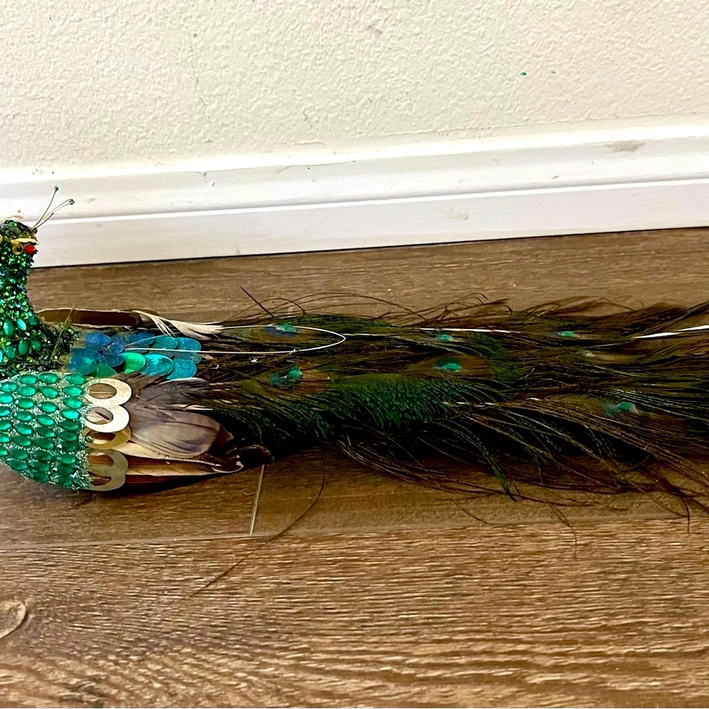 Decorative Green Peacock Figurine with real feathers